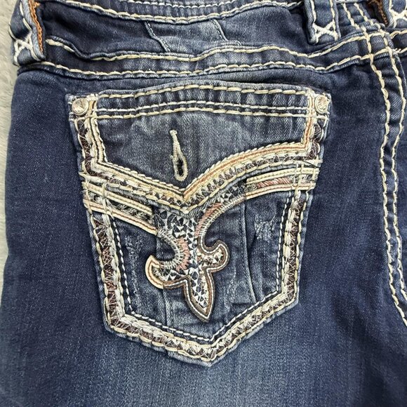 Rock Revival Evella Boot Jean Womens 32 Blue Boho Embroidered Fleur-de-Lis Denim - Picture 9 of 16